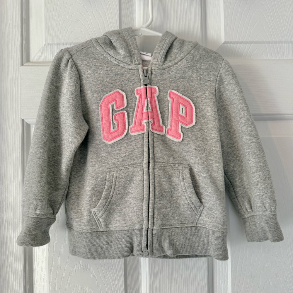GAP Kids Heather Gray Hoodie with Pink Lettering